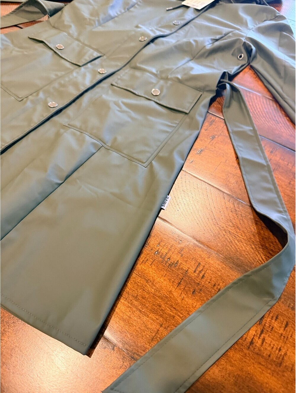RAINS Curve Long Jacket W3 Green Waterproof Hooded Belted Rain Coat Women's XS